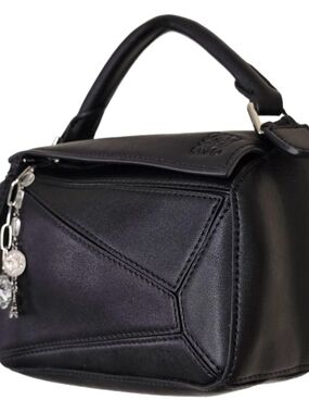 Loewe Mini Puzzle Bag Black Leather Crossbody Top Handle with Handmade Bag Charm